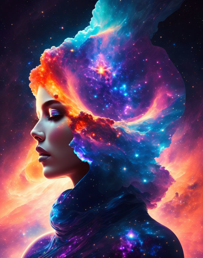 Surreal portrait of woman blending into cosmic landscape