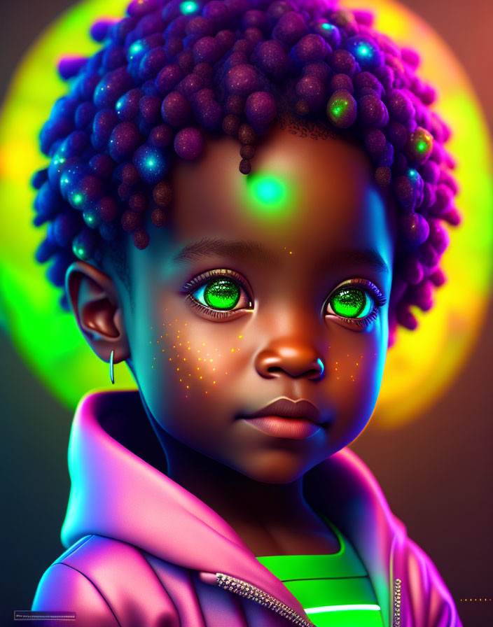 Colorful digital portrait of a child with green eyes and purple hair