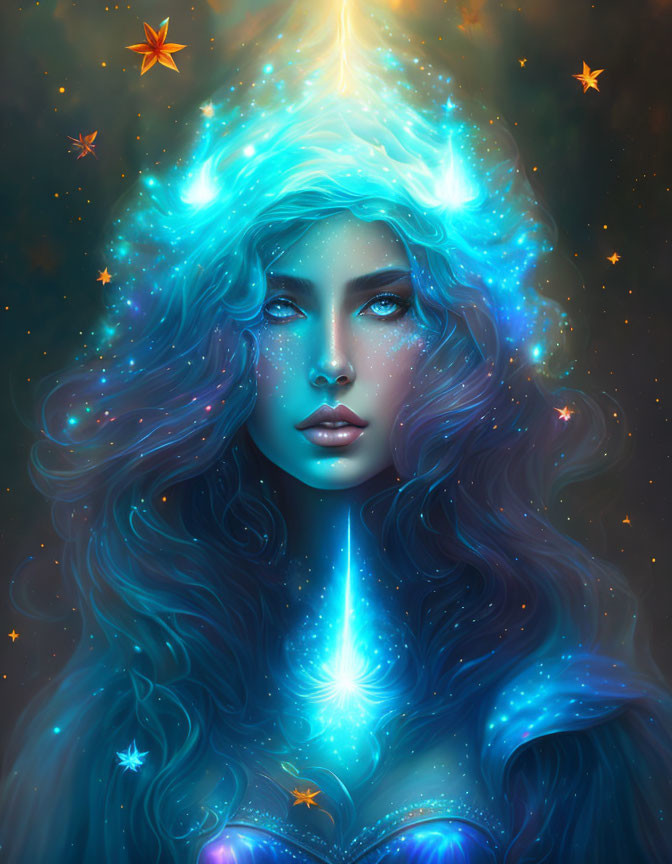 Portrait of a woman with glowing blue hair in cosmic-themed setting