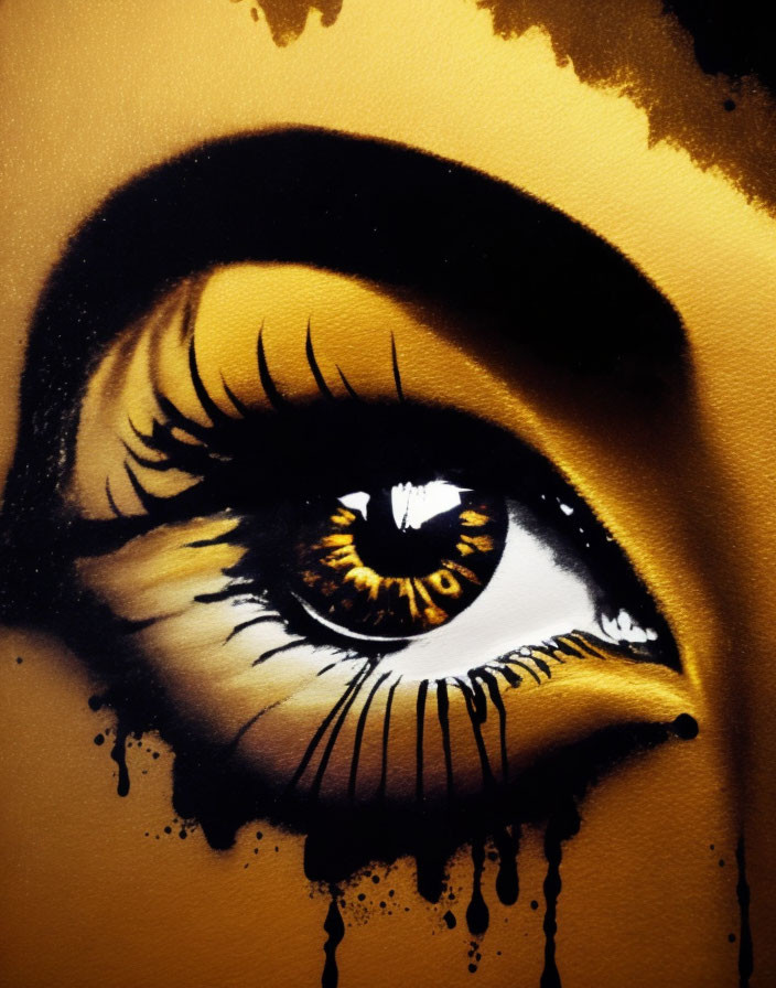 Vibrant graffiti of a human eye with teardrop in yellow and black colors