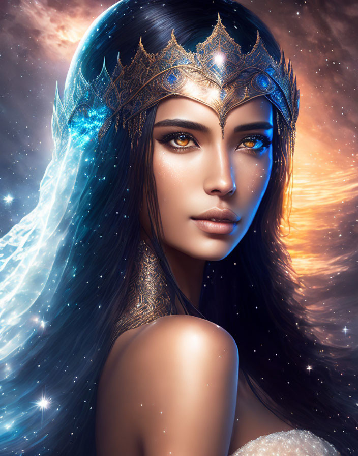 Mystical woman with long blue hair in gold and blue crown on cosmic background