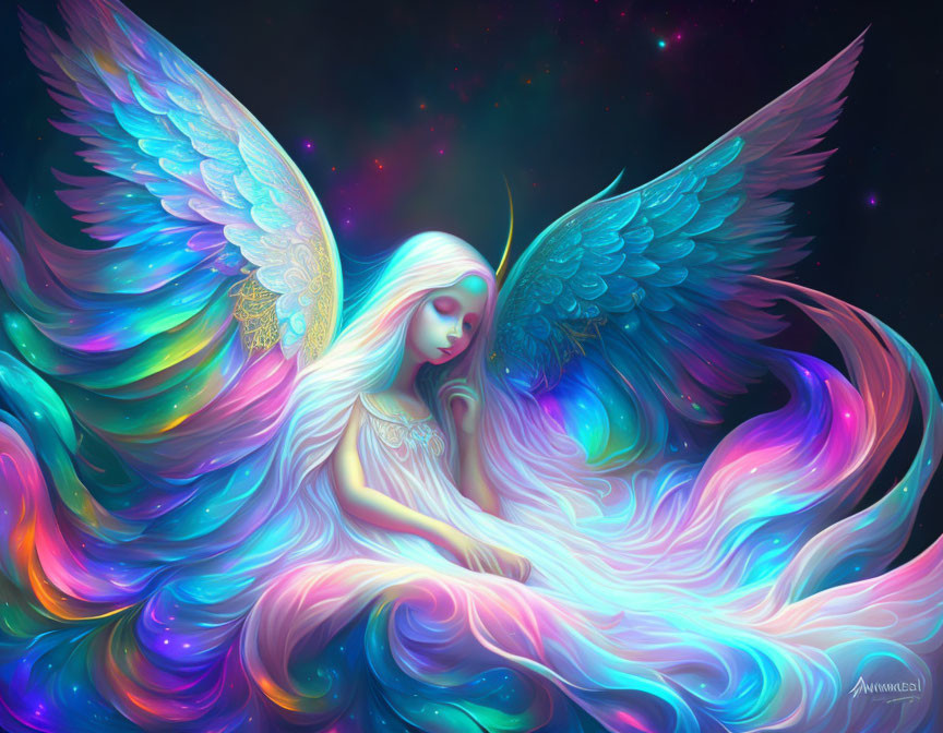 Ethereal figure with iridescent wings in star-filled space