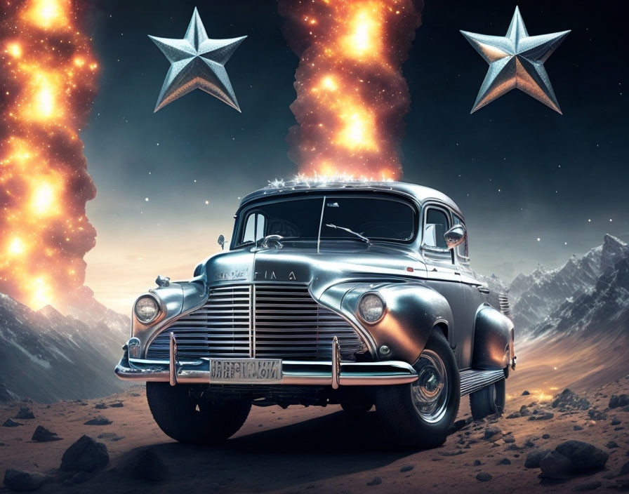 Vintage Car on Celestial Landscape with Mountains and Comet Trails