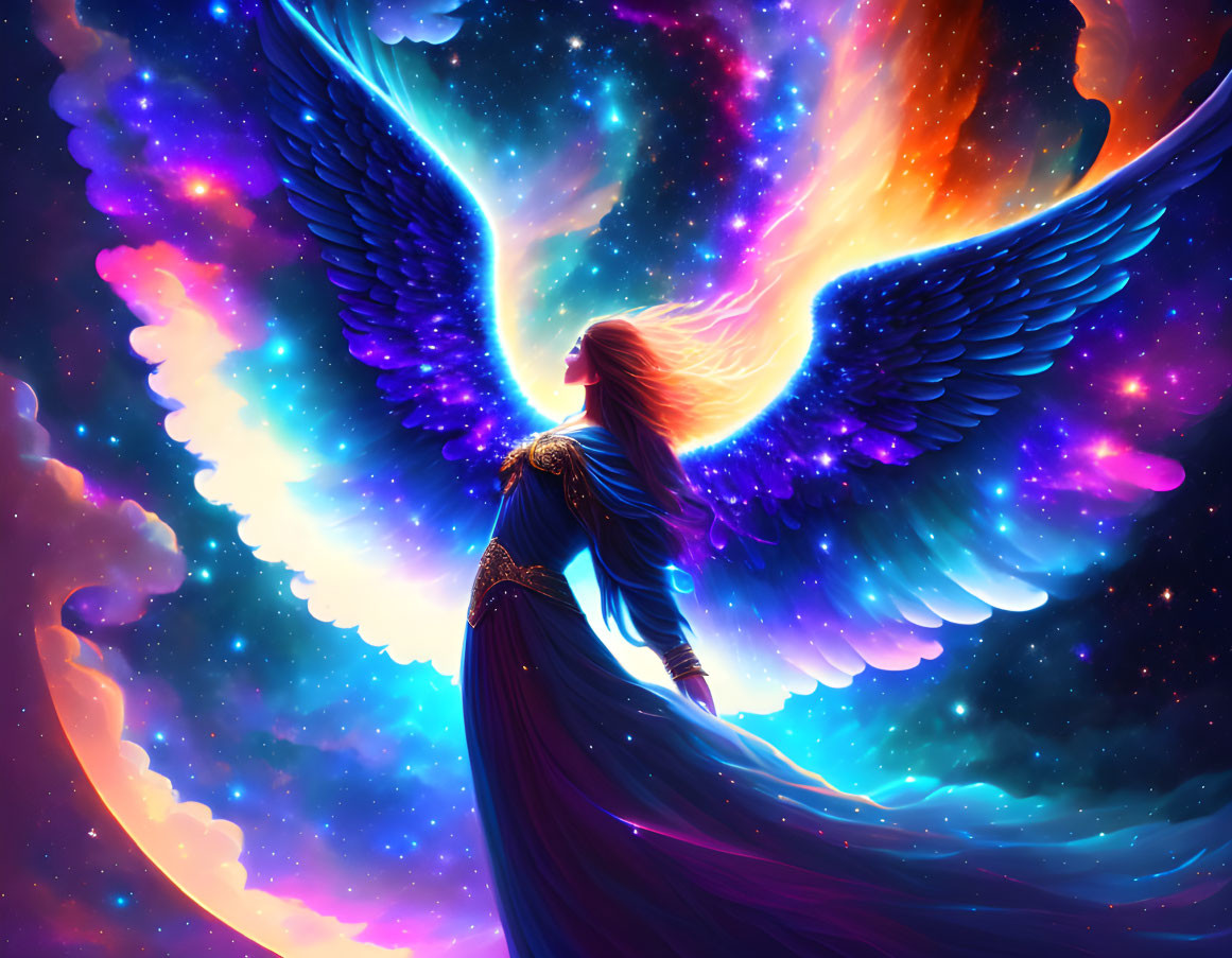 Winged figure with flowing hair in cosmic backdrop