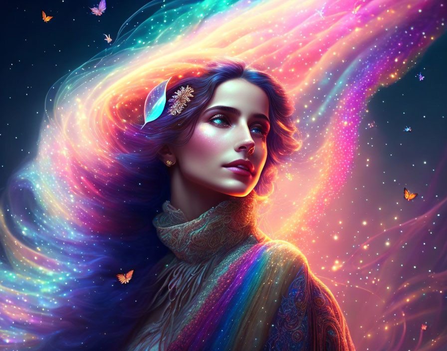 Colorful digital artwork featuring a woman with rainbow hair and butterflies on cosmic backdrop