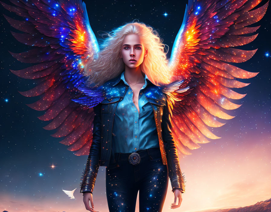 Fantastical image of woman with fiery wings in denim jacket