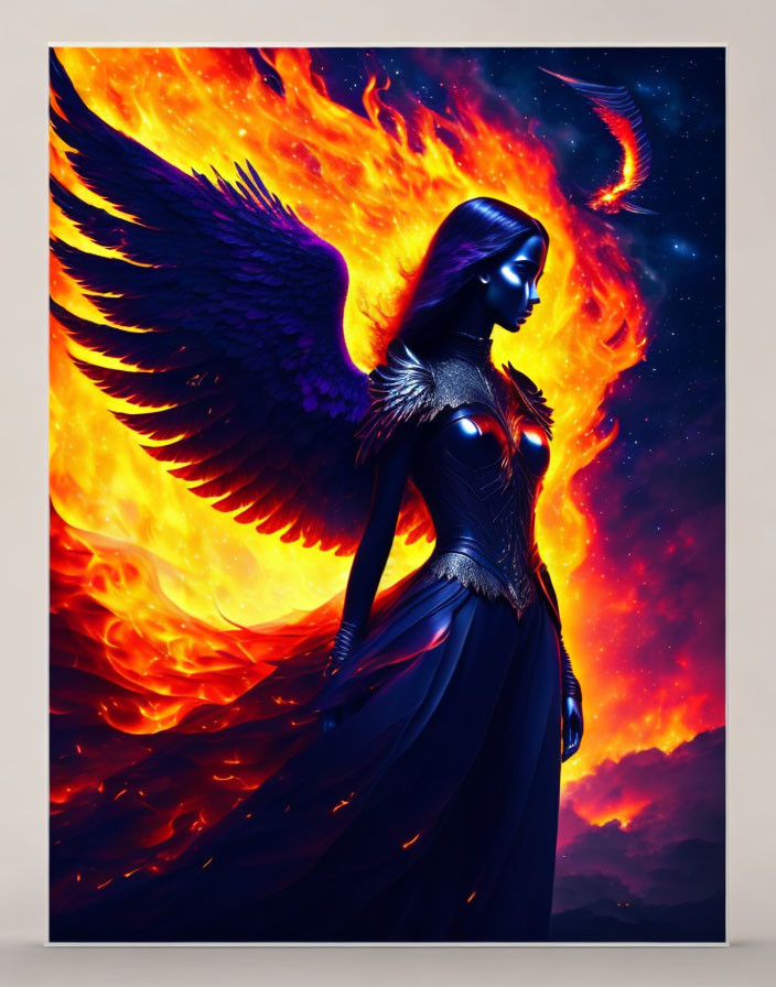 Digital artwork: Mythical female with dark wings in fiery cosmic setting