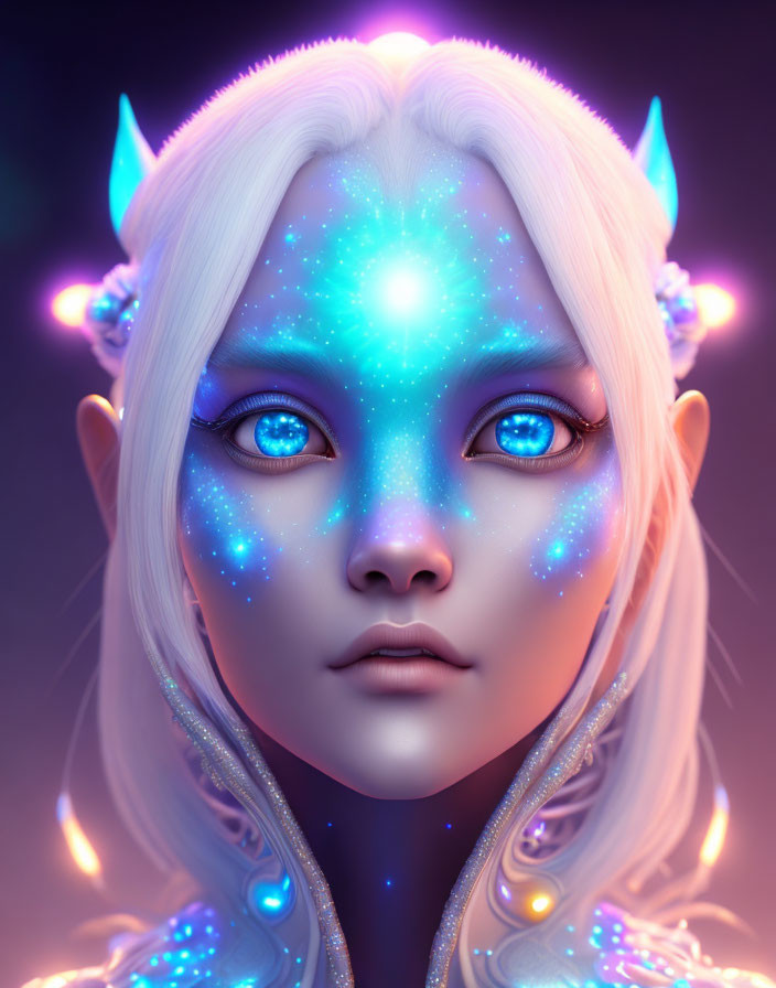 Fantasy character digital portrait with glowing blue starry skin