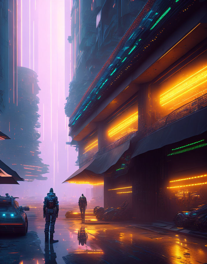 Person in futuristic neon-lit cityscape with wet street