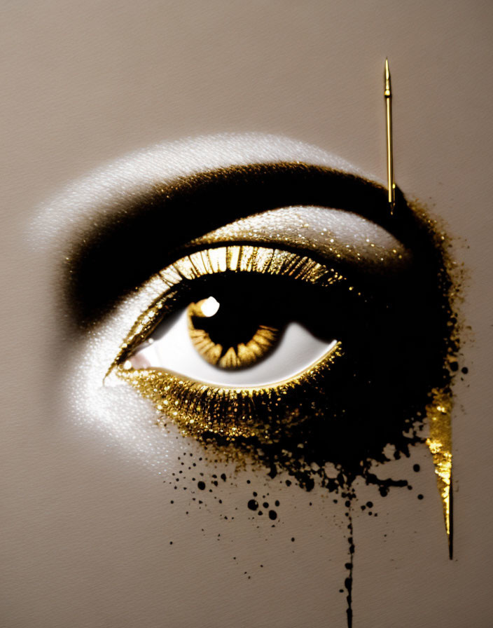 Close-up of golden and black painted eye with dramatic shadows and splatter effect