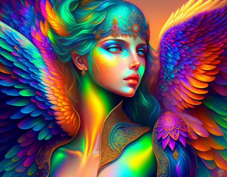 Colorful fantasy art: Woman with multicolored wings and golden headpiece