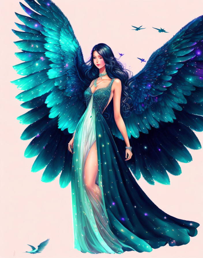 Digital artwork: Woman with iridescent dark wings in green gown