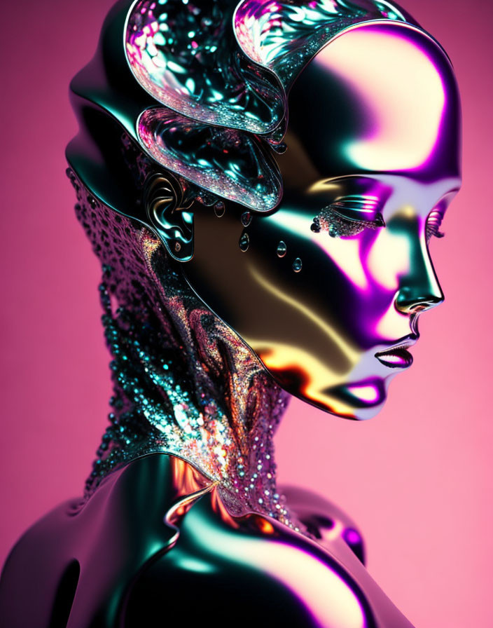 Metallic Rainbow-Hued Humanoid Figure with Glass-Like Structures