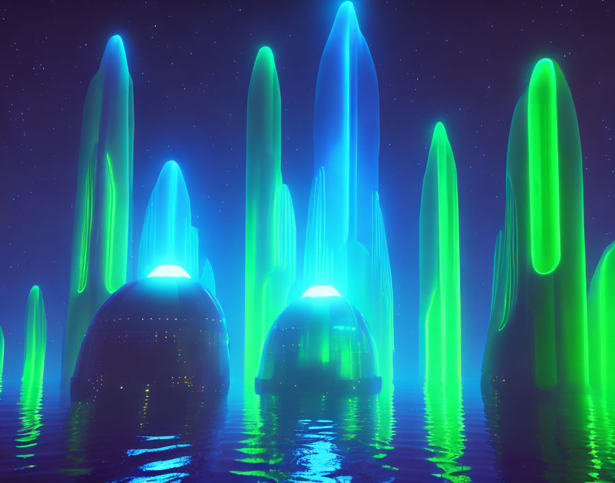 Vibrant neon green and blue crystalline structures in dark ocean at night