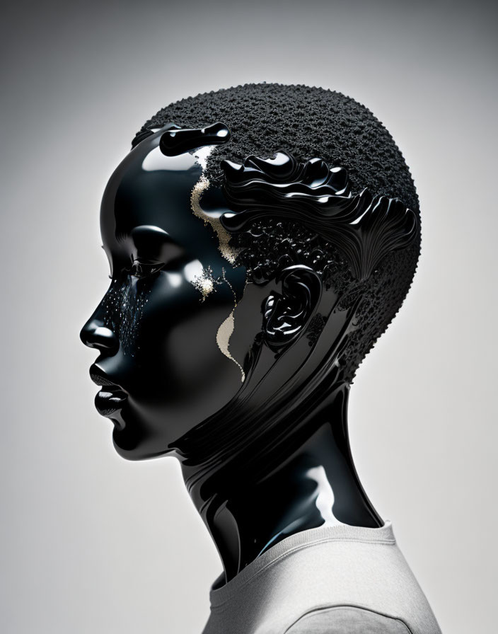 Surrealistic black glossy human head sculpture with liquid textures