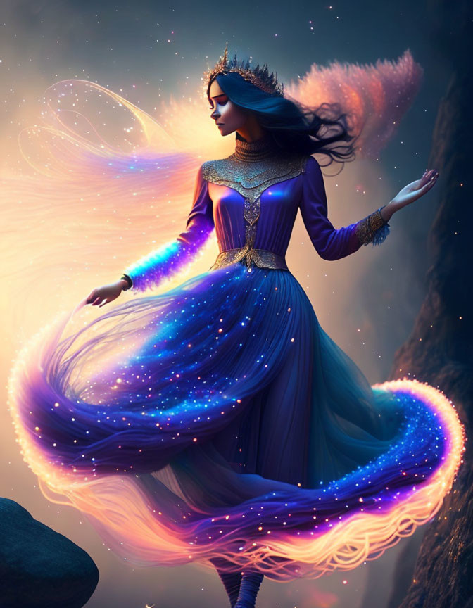 Ethereal woman in sparkling dress with celestial aura against dusky backdrop