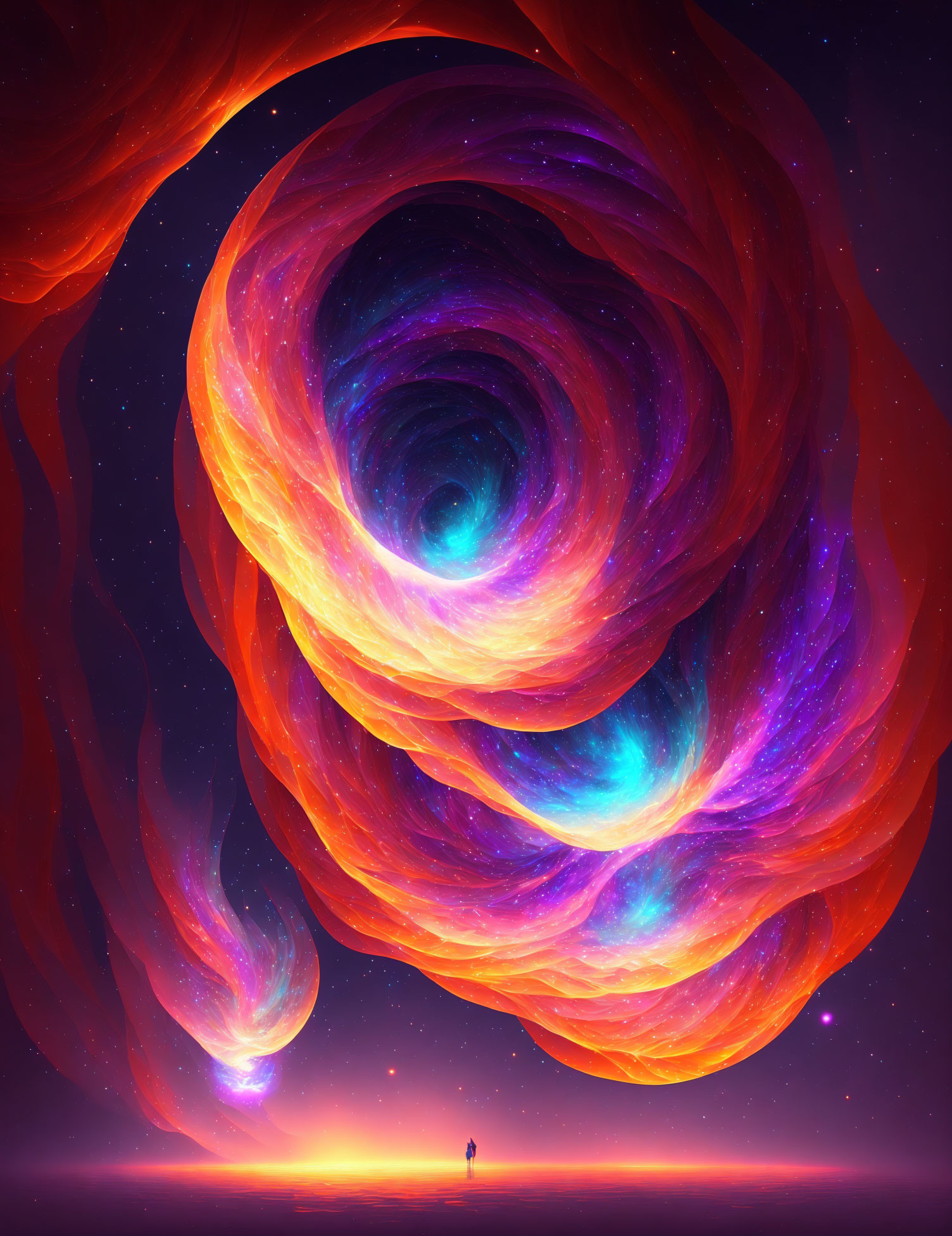 Vibrant cosmic swirl of stars and nebulae in red, purple, and blue