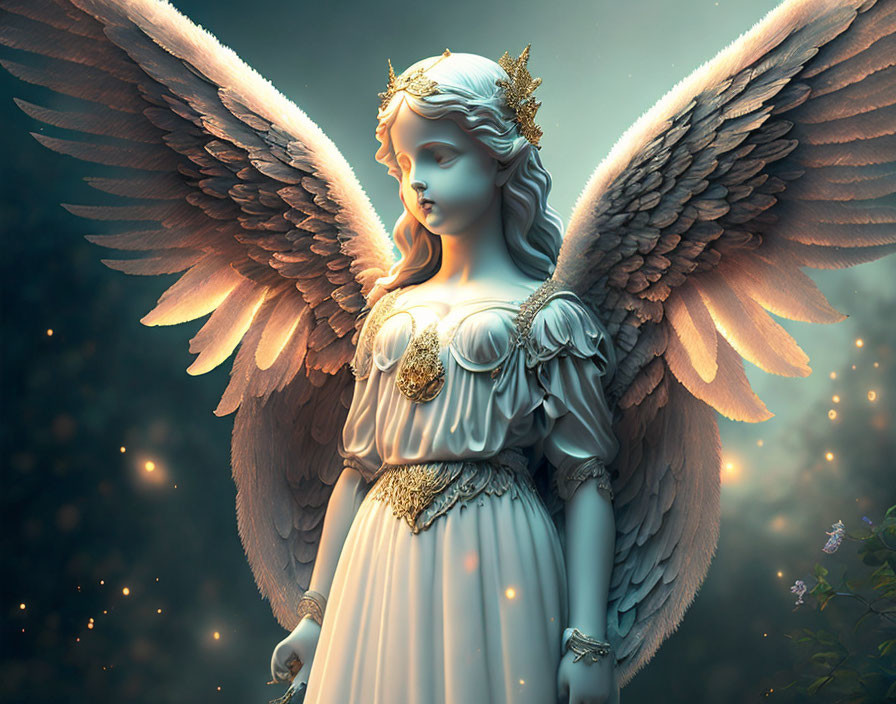 Serene angelic figure with detailed wings in golden gown on ethereal backdrop