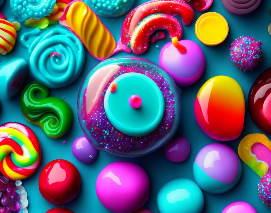 Assortment of Colorful 3D-Rendered Candies on Teal Background