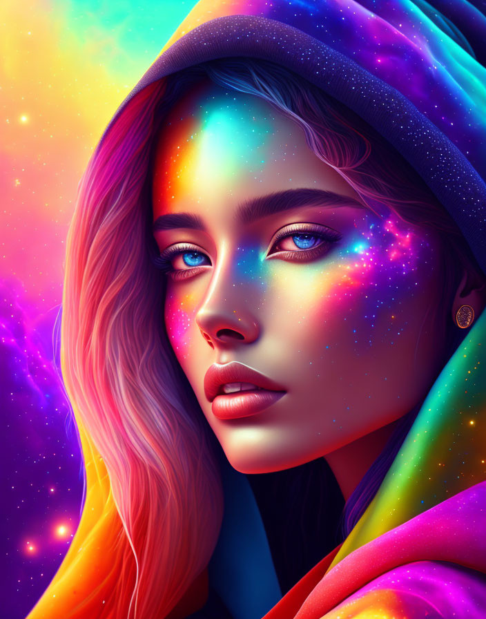 Colorful portrait of woman with captivating blue eyes and cosmic neon attire