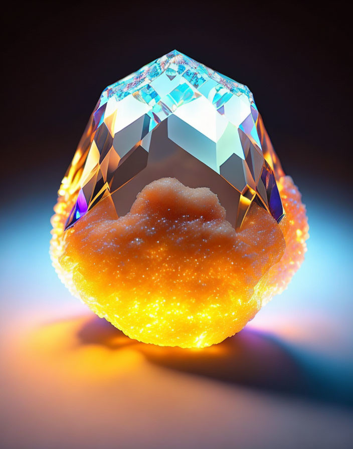 Amber-hued crystal geode with neon blue and purple edges