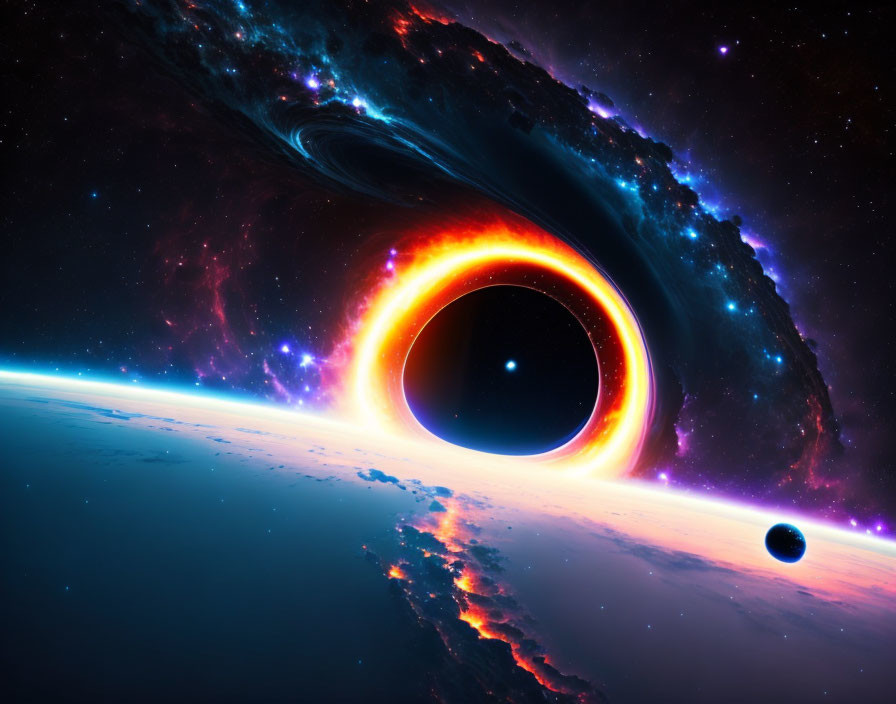 Colorful cosmic scene with black hole, accretion disk, and planet.