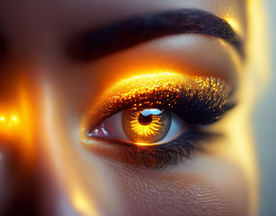 Detailed view of eye makeup with golden eyeshadow, shimmer, and mascara.