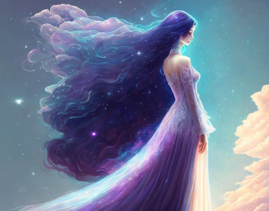 Mystical woman with galaxy hair and ethereal dress in cosmic setting