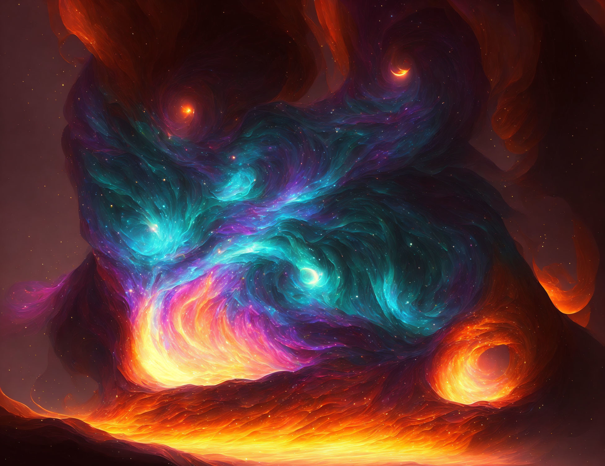 Colorful digital artwork of cosmic nebulas over fiery landscape