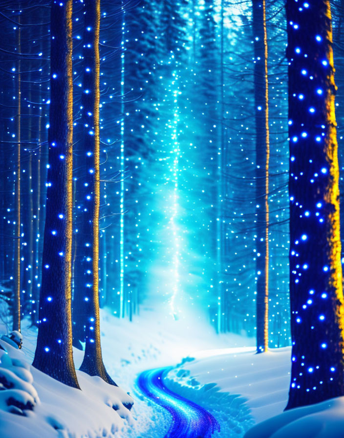 Snowy Winter Forest Night Scene with Blue Tree Lights