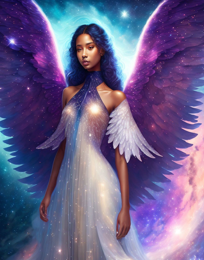 Woman with Large Ethereal Wings in Cosmic Setting