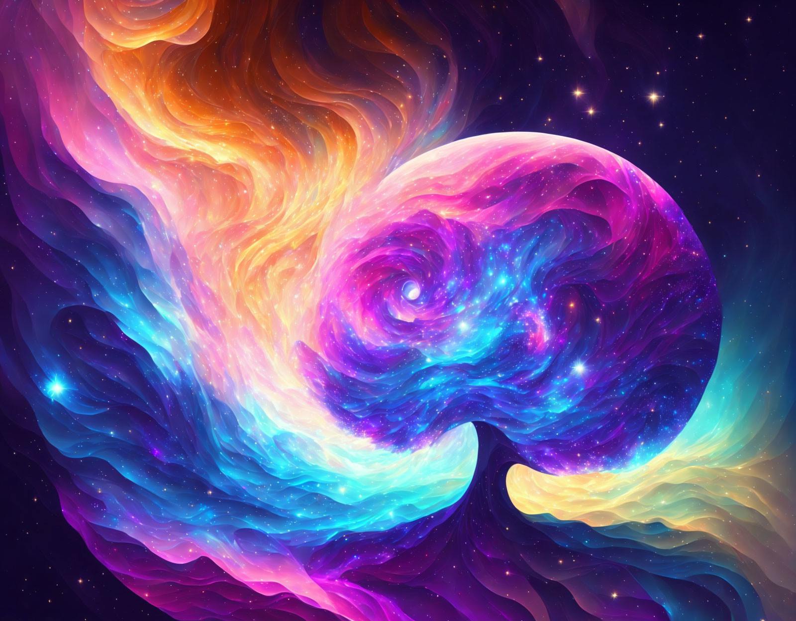 Colorful swirling nebulas in orange, purple, and blue hues against a starry space backdrop