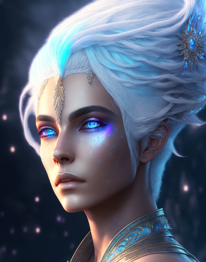 Fantasy figure with white hair, blue eyes, star freckles, and ornate jewelry