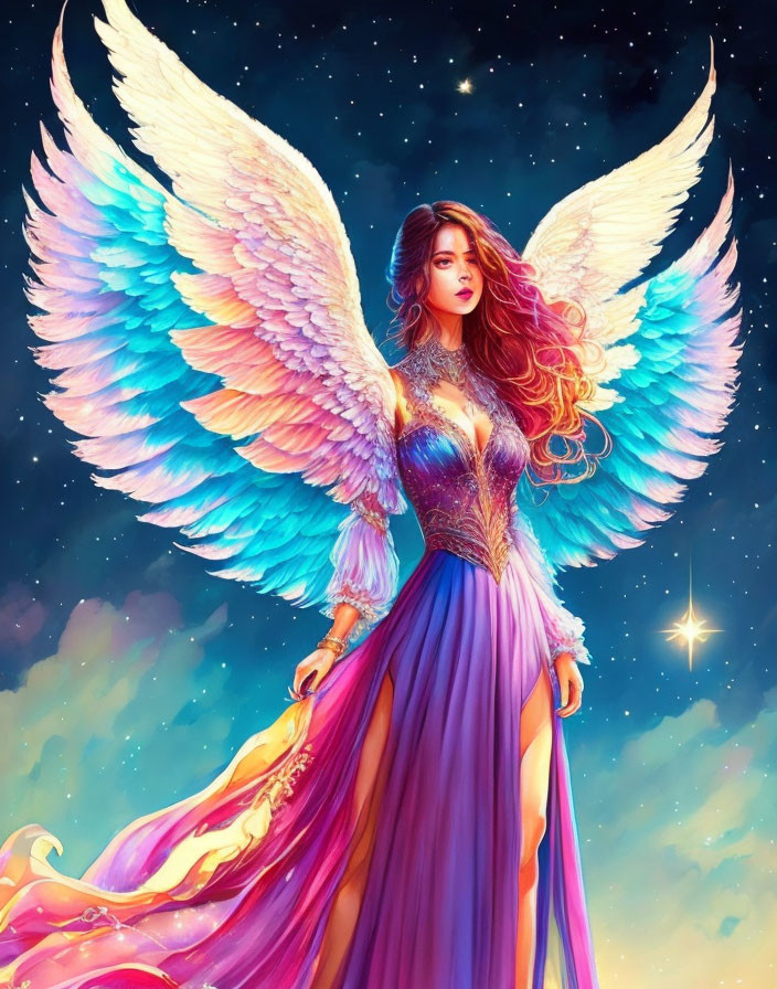 Majestic woman with multicolored wings under starry sky