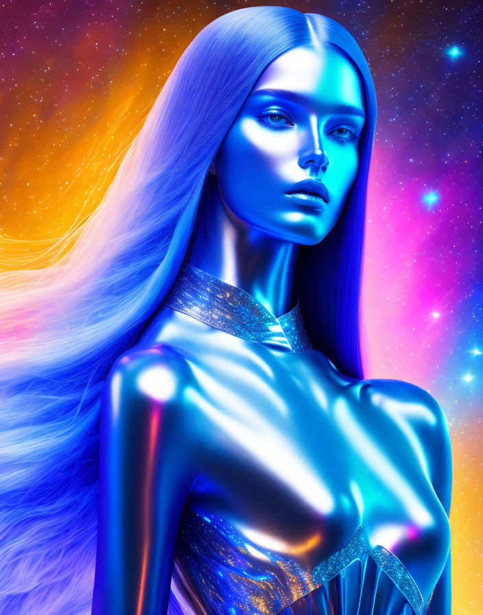 Digital Art: Female Figure with Blue Skin and Cosmic Background