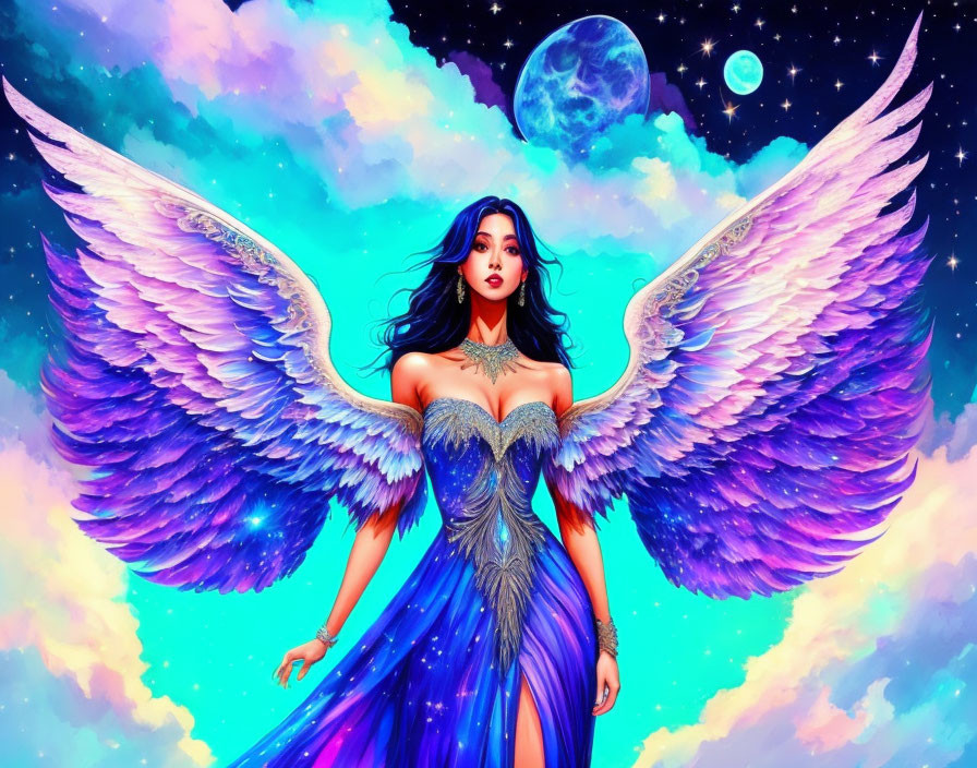 Colorful cosmic illustration: Woman with angelic wings in starry sky