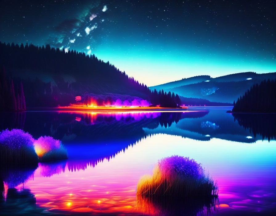 Vibrant night landscape: starry sky, serene lake, vivid colors, silhouetted