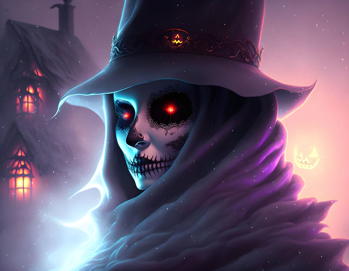 Spectral figure with skull face in Day of the Dead makeup, hat, cloak, and pumpkin lantern