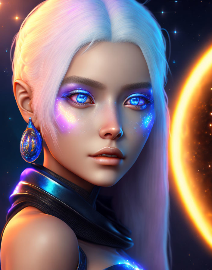 Digital portrait of woman with blue eyes, glowing speckles, white hair, cosmic background.