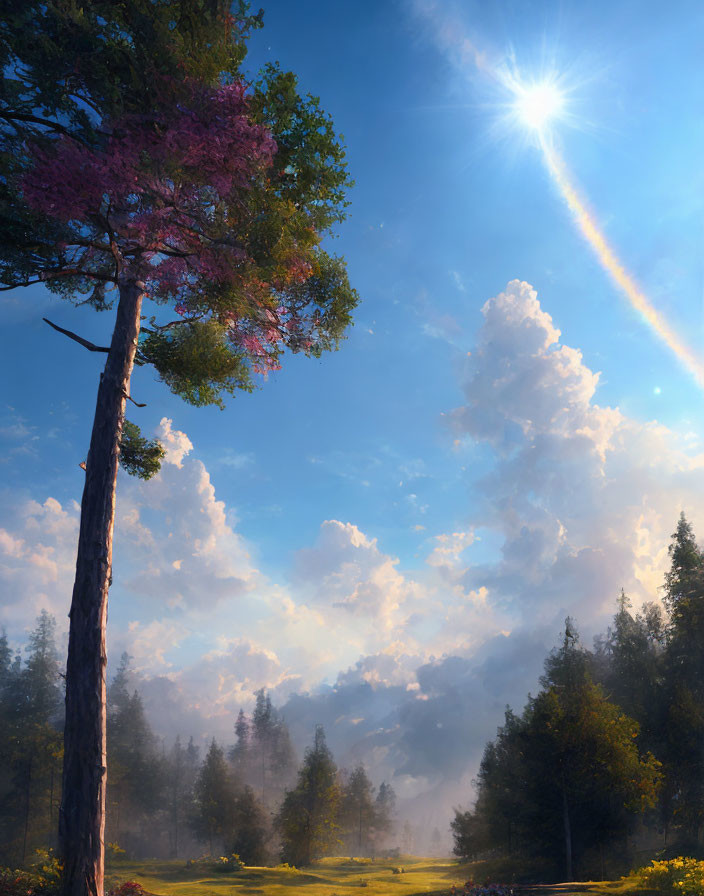 Tranquil landscape with tall tree, blue sky, fluffy clouds, rainbow, and sunbeam