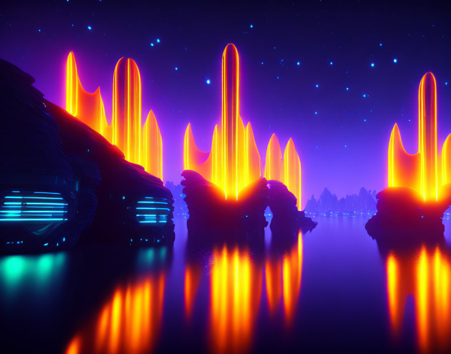 Surreal digital artwork: Neon orange peaks in starry landscape