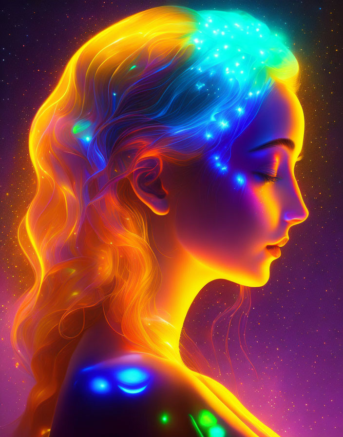 Colorful Neon Lights Illuminate Woman's Profile Portrait