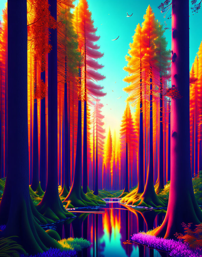 Colorful Fantasy Forest Digital Artwork with Reflective River at Sunset