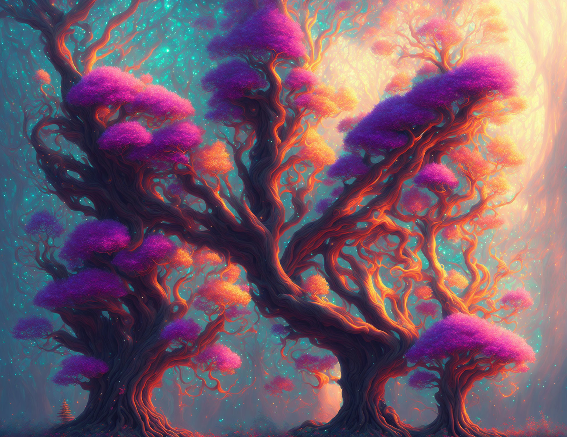 Vibrant surreal forest with twisted trees and purple foliage