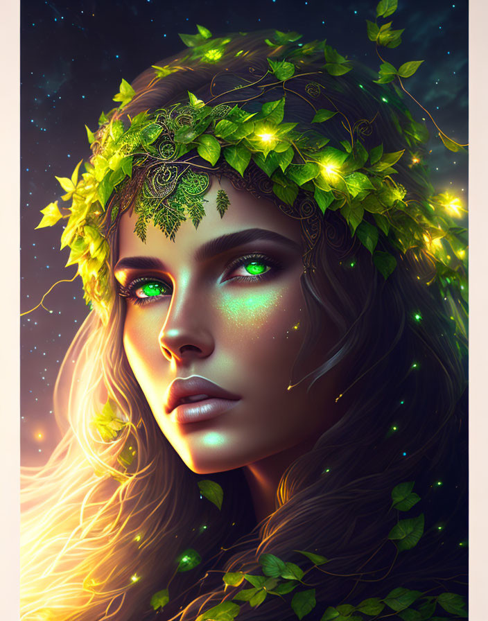 Digital art portrait of woman with luminescent green eyes and leafy crown in magical starry ambiance