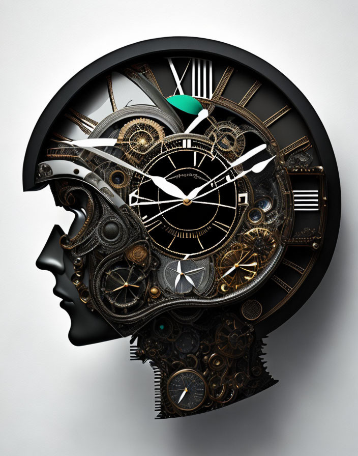 Detailed Clockwork Mechanism Inside Human Head Silhouette