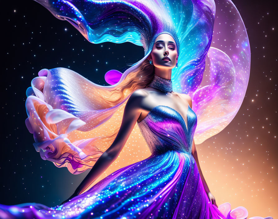 Cosmic-themed dress with stars backdrop showcases futuristic fashion.