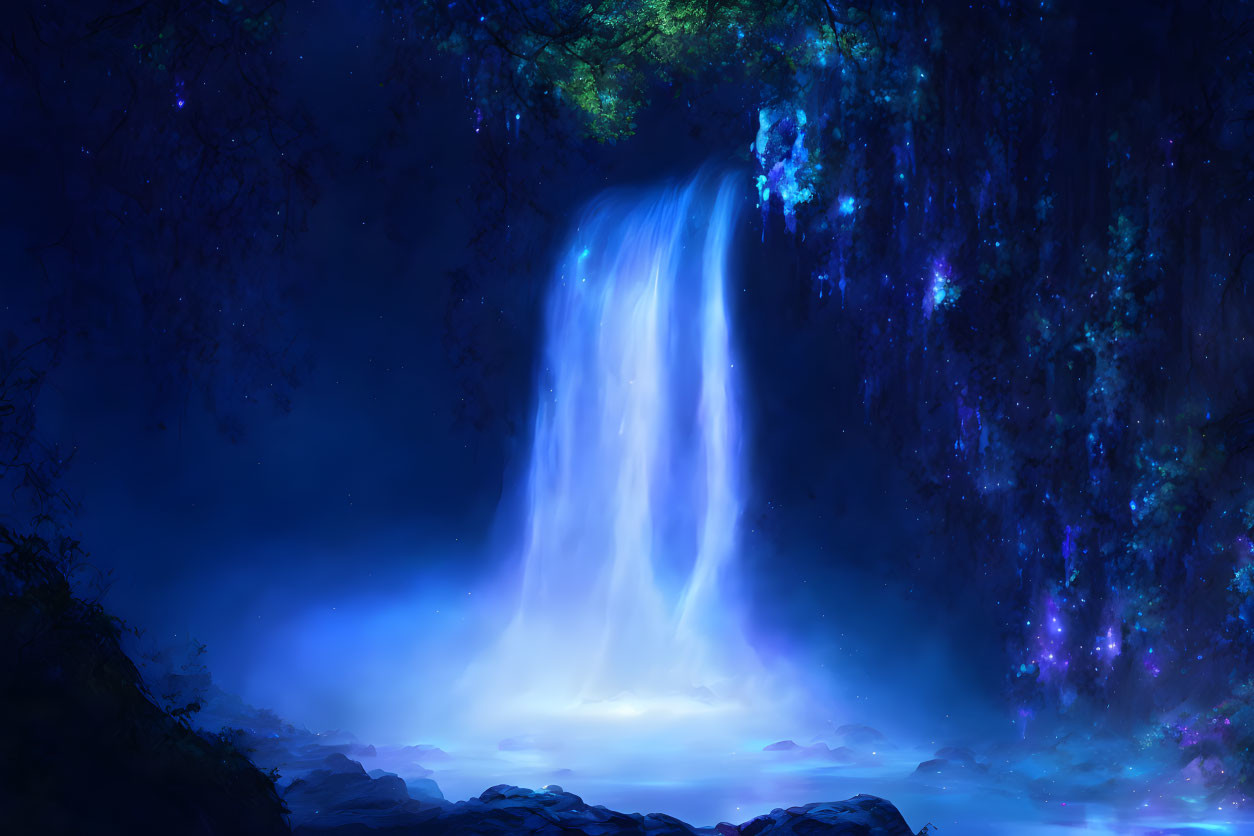 Mystical forest scene with luminous blue waterfall