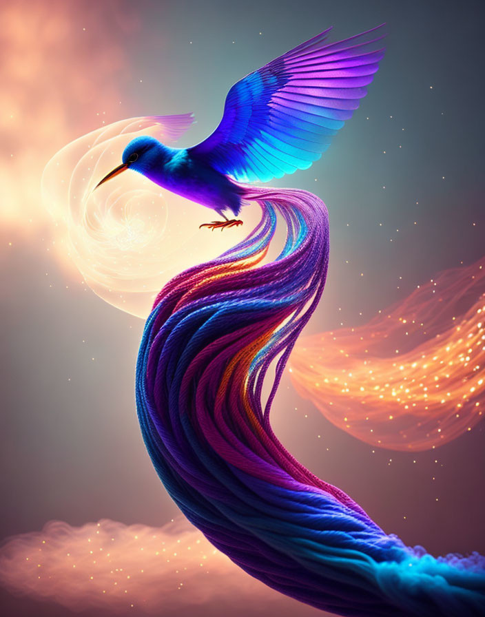 Colorful Bird Soaring from Ribbon Against Cosmic Background