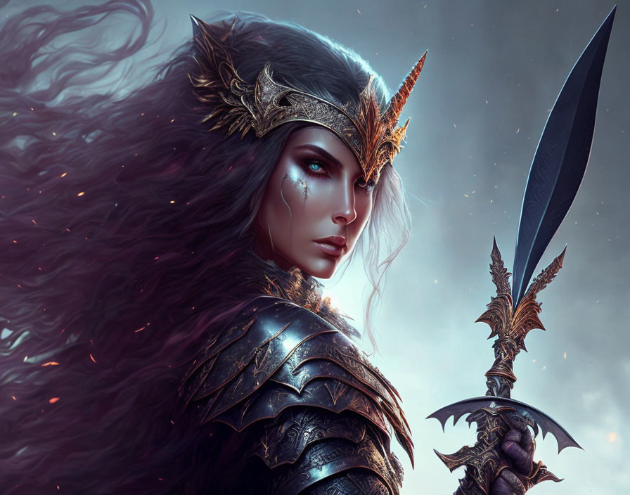 Warrior woman digital artwork with ornate armor and sword